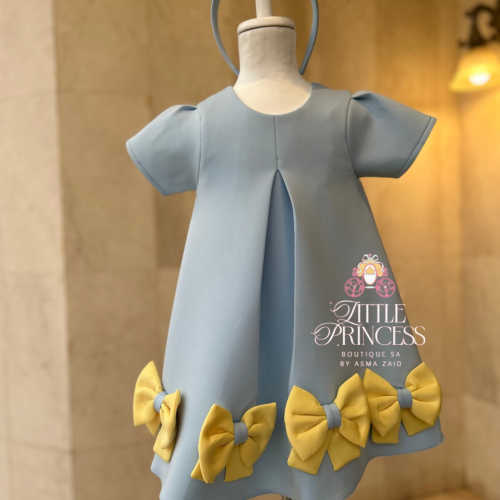 Light blue and yellow bow dress + hairband فستان ا...