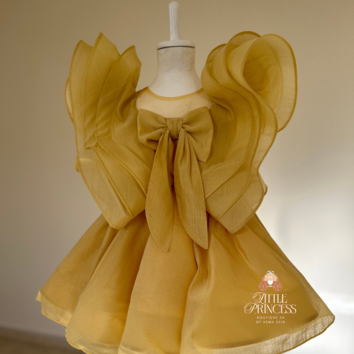 Yellow ruffle sleeve dress فستان رافلز اصفر كموني