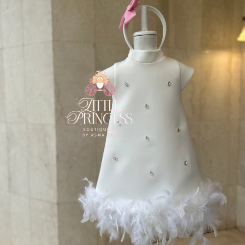 White dress decorated with feathers and crystals ف...