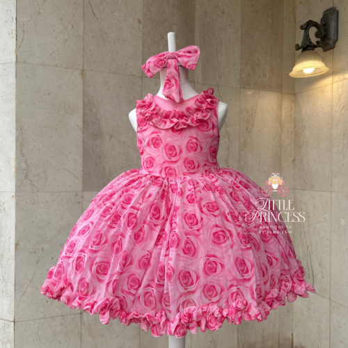 Chiffon dress with floral print + hair accessory ف...