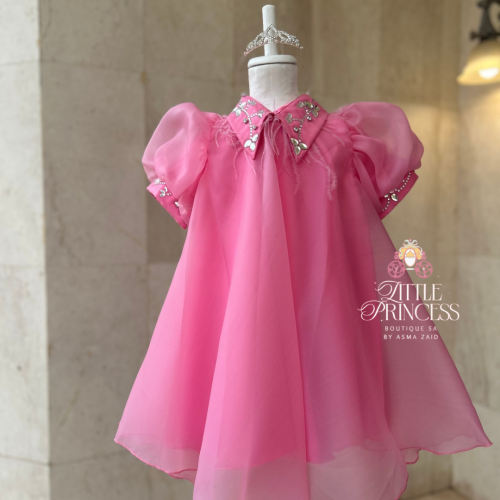 Pink chiffon dress with crystal collar + hair crow...