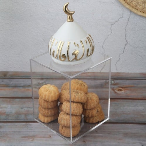 علبة اكريلك لتقديم الحلوى بغطاء سيراميك مزخرف بحرو...