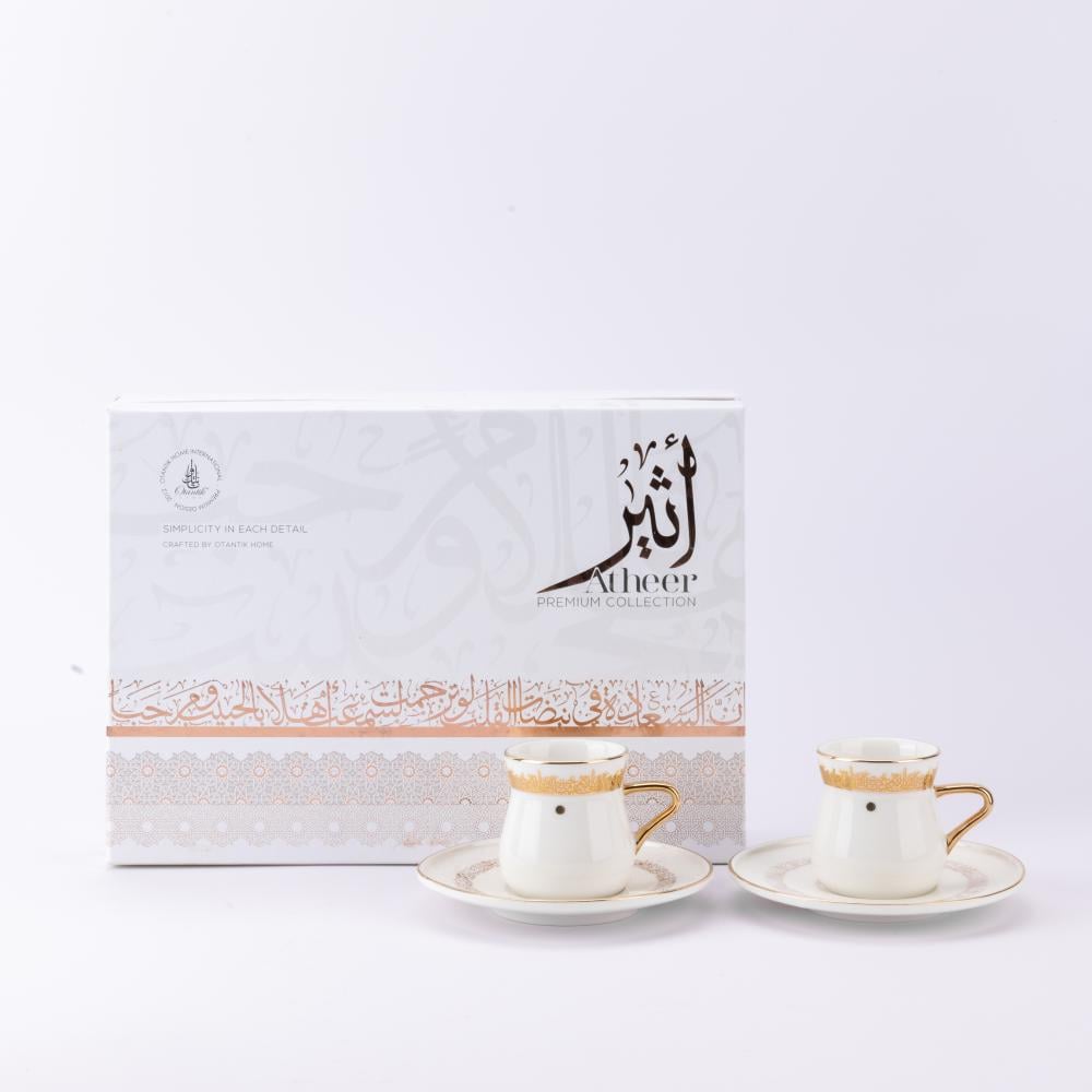 طقم فناجين قهوة مع صحون بتصميم عصري من اثير باللون الابيض والذهبي - 12 حبة