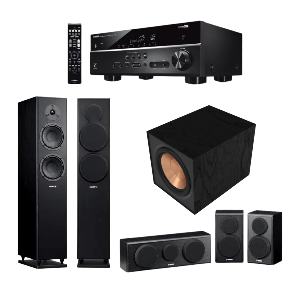 Yamaha Subwoofer Receiver with Yamaha NS-F150 Home Theater and Klipsch R-101SW Subwoofer