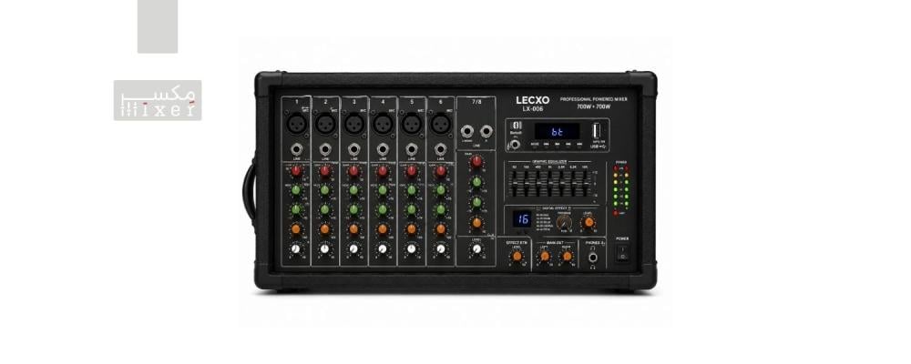 6-channel, 700W, 2-channel audio mixer with built-in amplifier, Bluetooth, and USB, model LX-006, by LECXO