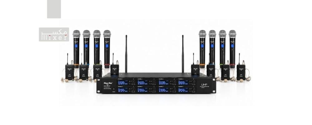 Mega Max MXM-9048-2HT 8-channel wireless microphone system with 4 handheld and 4 headphone microphones, 80m range