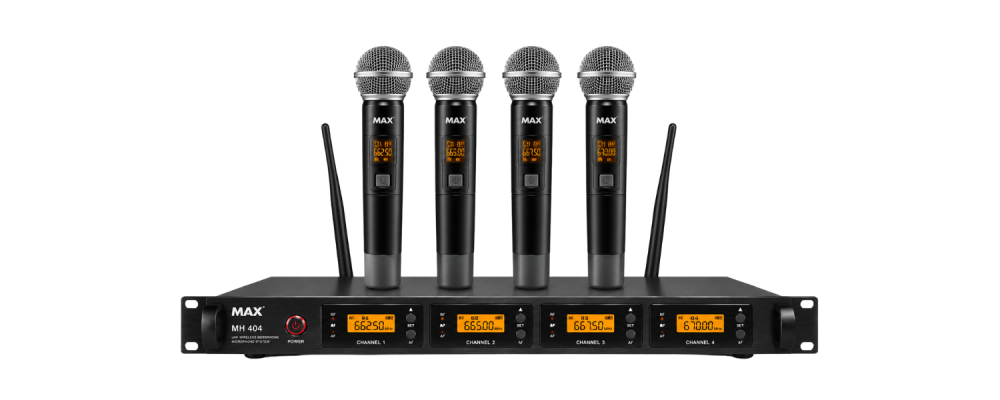 طقم ميكروفون لاسلكي 80 متر احترافي بأربعة ميكروفونات يدوية وبتقنية UHF موديل MH 404 ماركة MAX