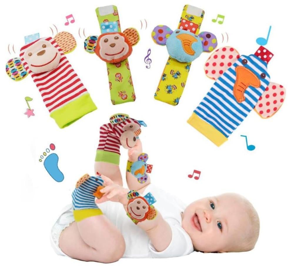 ألعاب رايتلز لمعصم الأطفال من 0-3-6-12 شهرًا & لعبة جورب القدم للأطفال الرضع، ألعاب ناعمة لحديثي الولادة للأطفال الرضع أو البنات، القرد، الفيل، 4 قطع
