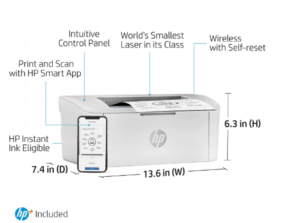 طابعة اتش بي ليزر جيت MFP110we مع 6 أشهر من الحبر الفوري متضمن مع اتش بي بلاس، ابيض، مقاس واحد، 7MD66E