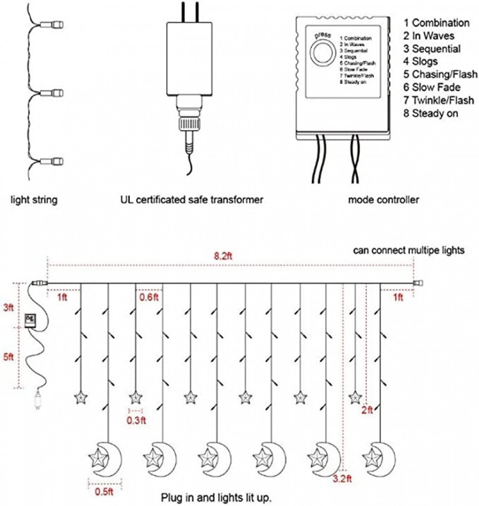 شريط اضاءة مكون من 138 مصباح LED للتعليق بديكورات مزخرفة على شكل القمر والنجوم (لون ابيض دافئ، 138.5 متر)