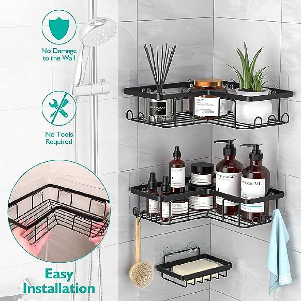 مجموعة من 5 قطع من حامل دش الزاوية من اتش اس كيو ام ايه، منظم دش الحمام من الستانلس ستيل المقاوم للصدا، ارفف منظمة لزوايا الدش اللاصقة، رف دش مقاوم للصدا مع خطافات، للحمام والمطبخ