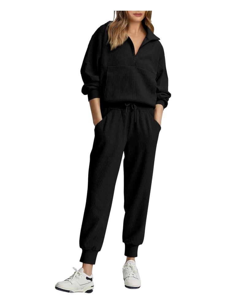 بدلة رياضية للنساء مكونة من قطعتين للخريف 2023 بأكمام طويلة وسويت شيرت نصف سحاب وسروال رياضي من بي تي اف بي ام