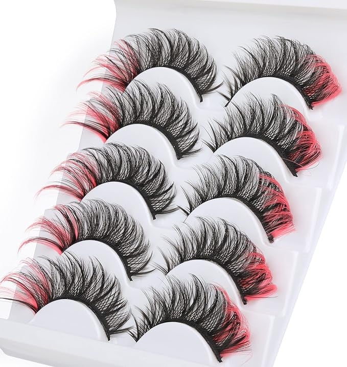 رموش صناعية بمظهر عين القطة 8D أسود بطرف أحمر 5 أزواج