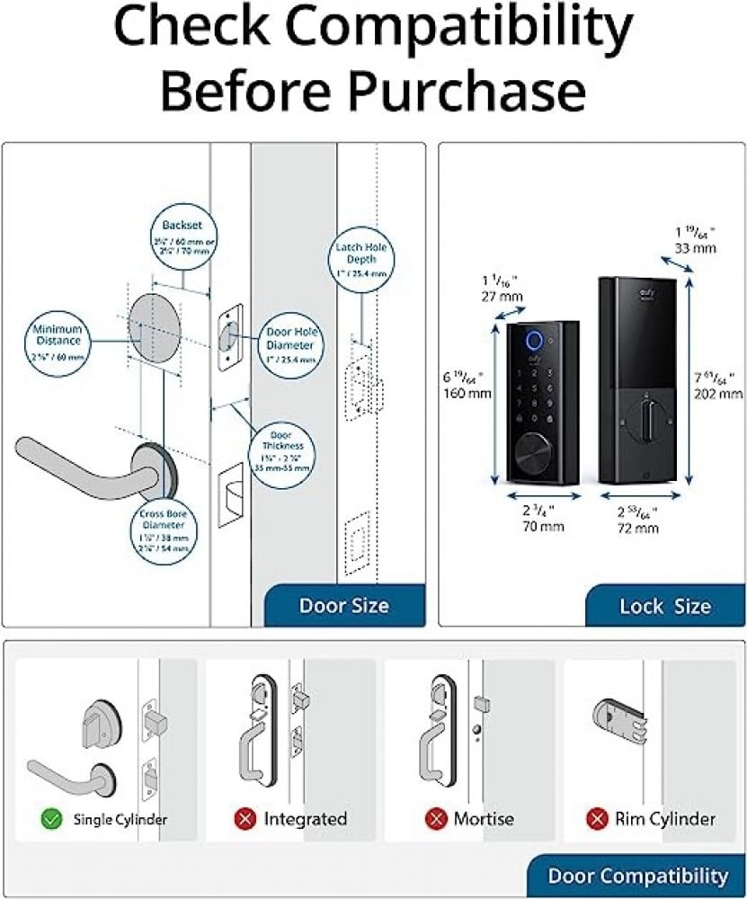 قفل ذكي يعمل باللمس من يوفي، قفل باب للدخول بدون مفتاح، مزود بواي فاي وبلوتوث وماسح ضوئي لبصمة الاصبع، بلوحة مفاتيح وشاشة لمس، معتمد من قِبل رابطة مصنعي ادوات البناء ومقاوم للطقس بدرجة IP65