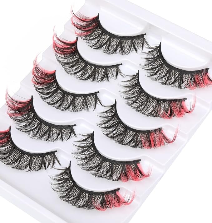 رموش صناعية بمظهر عين القطة 8D أسود بطرف أحمر 5 أزواج