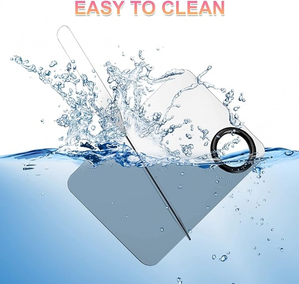 باليت مكياج مع ملعقة مسطحة، صينية لمزج المكياج من الستانلس ستيل مع ملعقة لكريم الاساس، اداة فنية لفنون الاظافر وظلال العيون والرموش ومزج الصبغات والمكياج