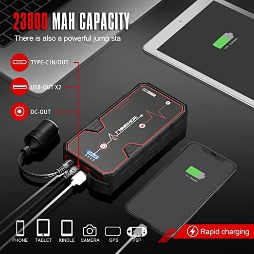 شاحن لبطارية السيارة وتشغيلها من فنيميج بتيار 2500 امبير وبسعة 23800 mAh وجهد 12 فولت وهي امنة للغاية وتصلح لجميع سيارات البترول والديزل حتى سعة 8.0 لتر، مع شحن سريع USB 3.0