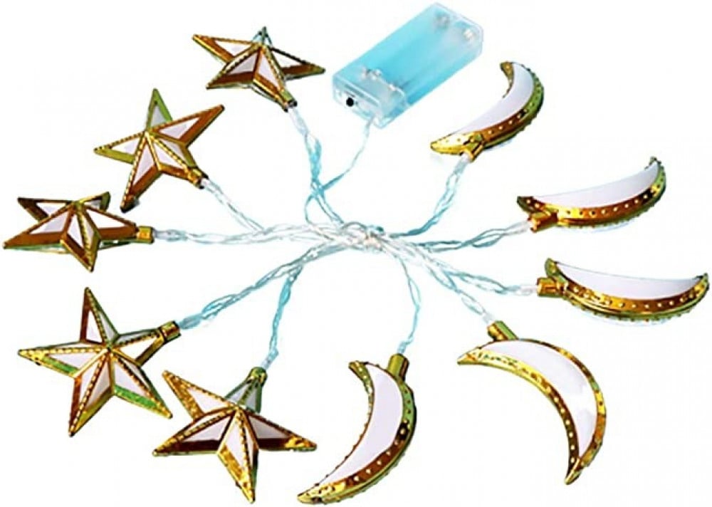 سلسلة اضواء رمضان للمسلمين من موبيستيك، زينة عيد مبارك على شكل قمر ونجم بلون ابيض دافئ، تعمل على البطارية (غير مُضمنة)، لعيد رمضان