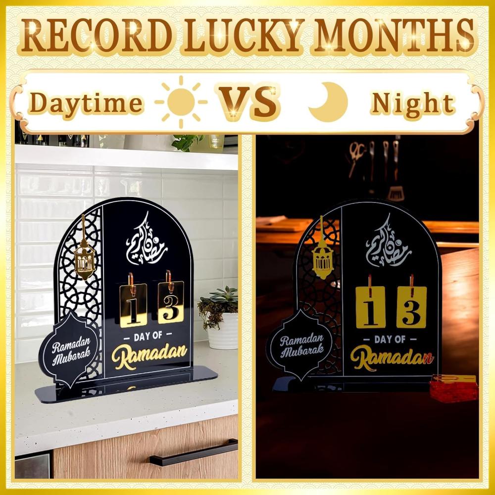 شيلور تقويم رمضان من الاكريليك للعد التنازلي للعيد لمدة 30 يوما لتزيين المنزل، ديكور طاولة زينة عيد مبارك للعيد المبارك ورمضان كريم لتزيين سطح الطاولة (اسود)