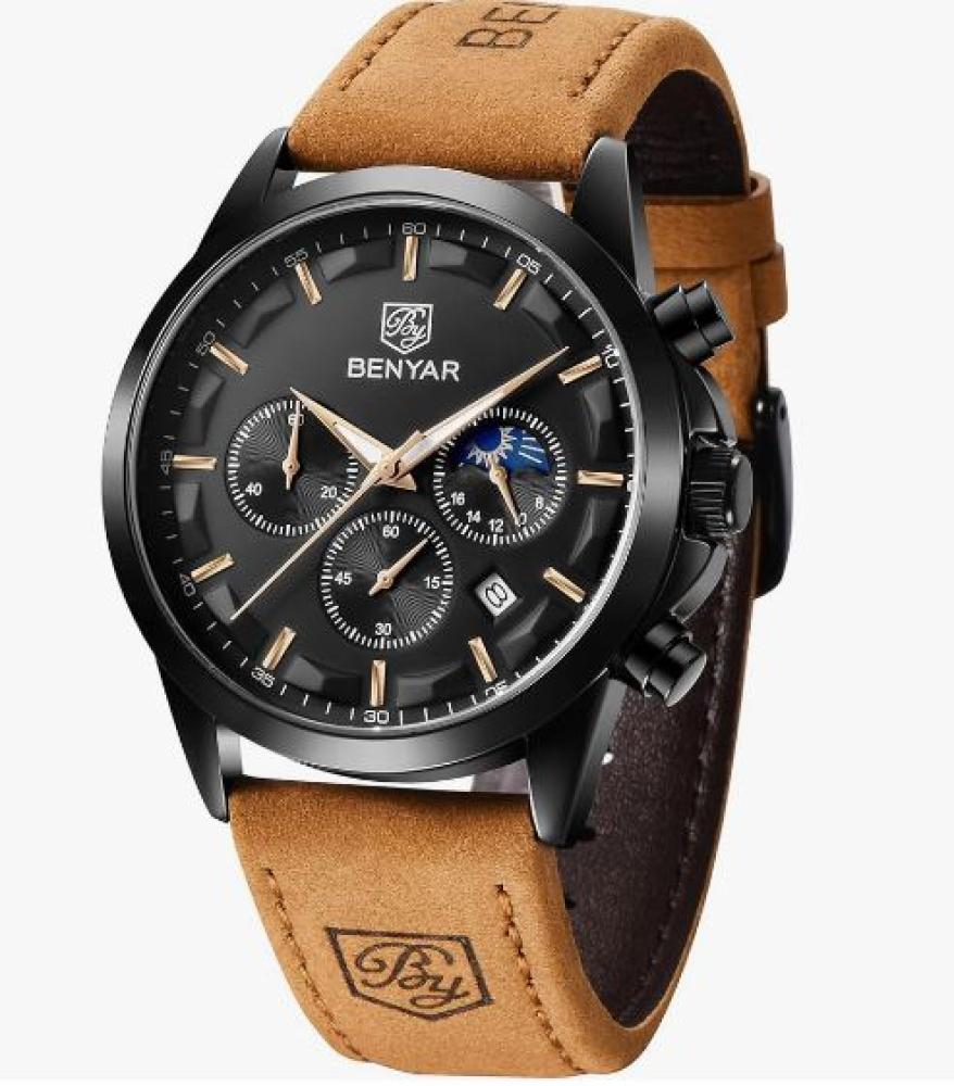 ساعة يد كرونوغراف رياضية مقاومة للماء للرجال من بينيار عسكرية متعددة الوظائف فاخرة عصرية كوارتز كلاسيك هدايا بني اسود