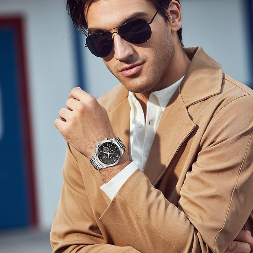 ساعة يد كرونوغراف رياضية مقاومة للماء للرجال من بينيار عسكرية متعددة الوظائف فاخرة عصرية كوارتز كلاسيك هدايا فضي اسود