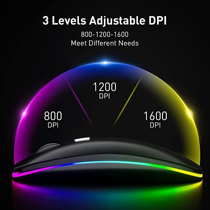 ماوس بلوتوث لاسلكي من انيوي، بتصميم نحيف واضاءة LED ووضع مزدوج (بلوتوث 5.1 + USB) 2.4 GHz قابل لاعادة الشحن بلوتوث صامت، ماوس كمبيوتر مع مستقبل USB (اسود)