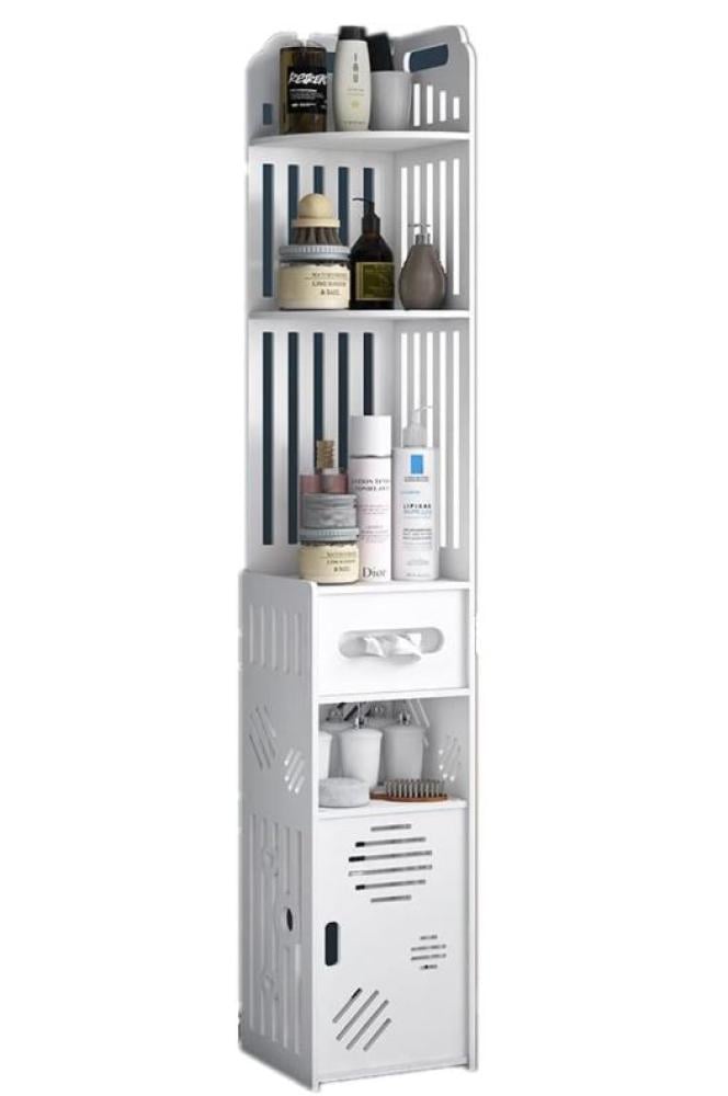 خزانة توضع في زاوية الحمام من نوايو، خزانة قائمة طويلة عصرية بيضاء من خشب، منظم بأرفف تخزين، خزانة مع أبواب، من نويو