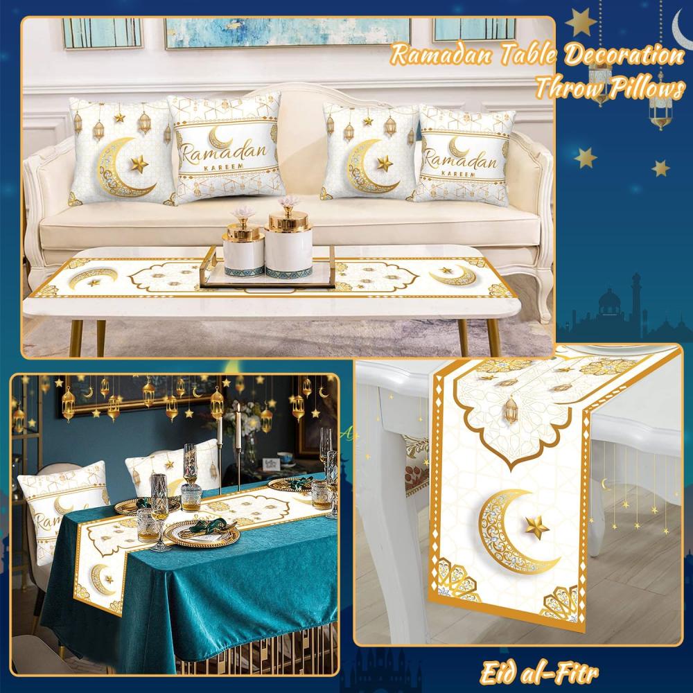 مفرش طاولة للزينة في رمضان بتصميم مطبوع بكلمة «Ramadan» من 5 قطع مع 4 أغطية وسادات زينة يواولتي لون أبيض