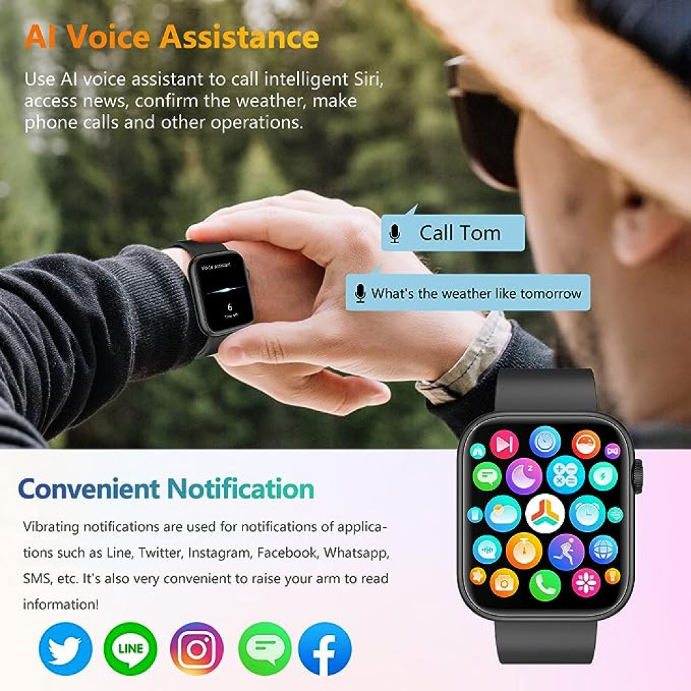 اي بي صن ساعة ذكية (استقبال واتصال)، شاشة TFT HD 1.85 انش مقاومة للماء بتصنيف IP67 لمعدل نبضات القلب ومراقبة الاكسجين في الدم، ومراقب النوم والسعرات الحرارية، ساعة ايقاف، عداد خطوات للنساء والرجال
