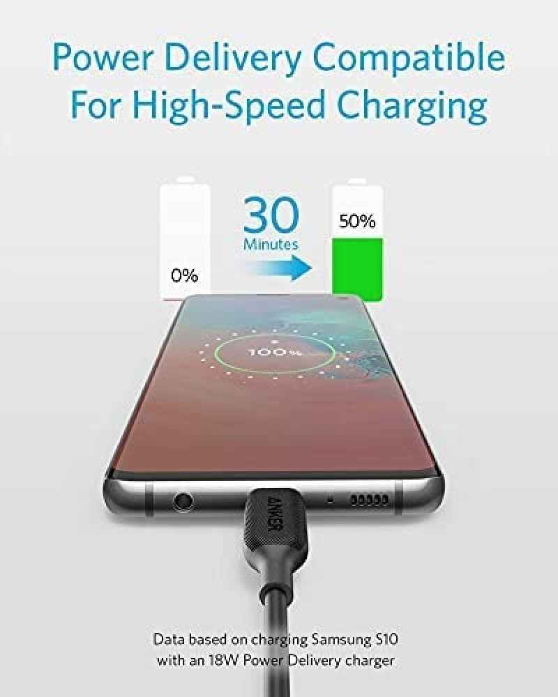انكر باورلاين 3 كيبل شحن Type-C الى Type C يدعم الشحن السريع ومناسب لاجهزة الشحن بتقنية ال PD مقاس 3قدم لون اسود