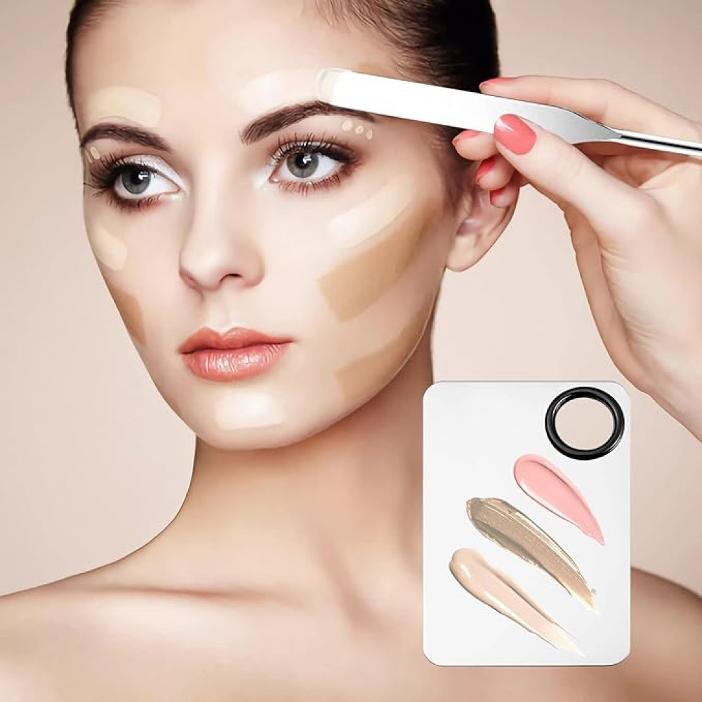 باليت مكياج مع ملعقة مسطحة، صينية لمزج المكياج من الستانلس ستيل مع ملعقة لكريم الاساس، اداة فنية لفنون الاظافر وظلال العيون والرموش ومزج الصبغات والمكياج