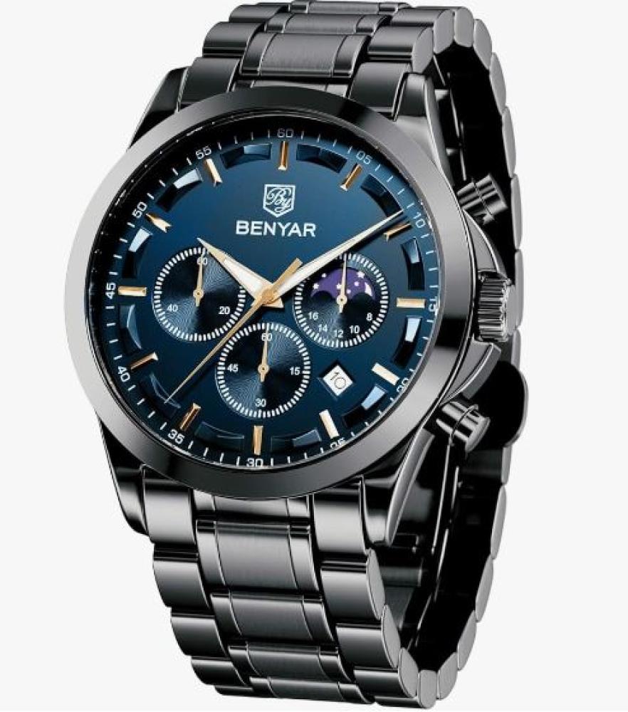 ساعة يد كرونوغراف رياضية مقاومة للماء للرجال من بينيار عسكرية متعددة الوظائف فاخرة عصرية كوارتز كلاسيك هدايا أسود وأزرق