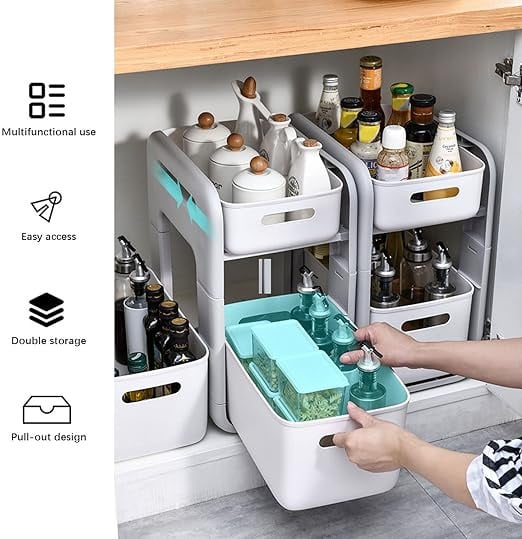 منظم تحت الحوض من اوكيووز، منظم لخزانات الحمام قابل للتكديس من طبقتين مع مقبضين، منظم تحت الحوض برف مع درج تخزين منزلق للحمام بقياسين، للمطبخ والحمام وخزانة المؤن (ابيض)