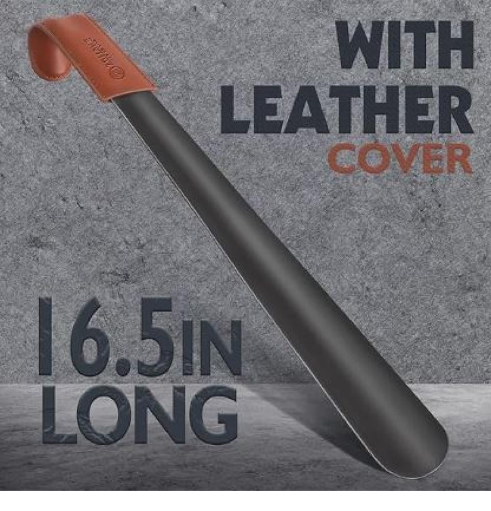 أداة تلبيس حذاء من زوماك بمقبض طويل، أداة تلبيس حذاء طويلة - أداة تلبيس حذاء بحزام جلد معدني من الستانلس ستيل، أداة تلبيس للأحذية 41.91 سم رجالي وحريمي وأطفالي