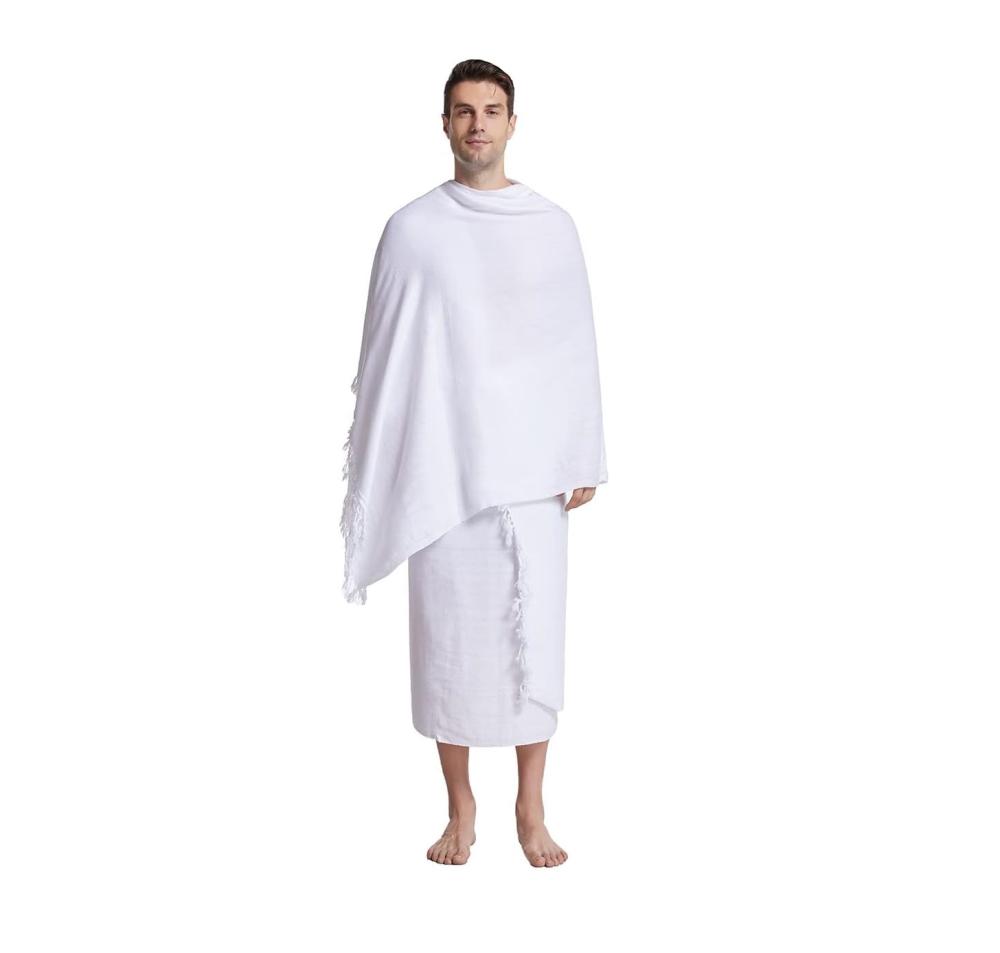 طقم مناشف إحرام بي كير 200100 سم قماش أبيض شراشيب قابل للغسل