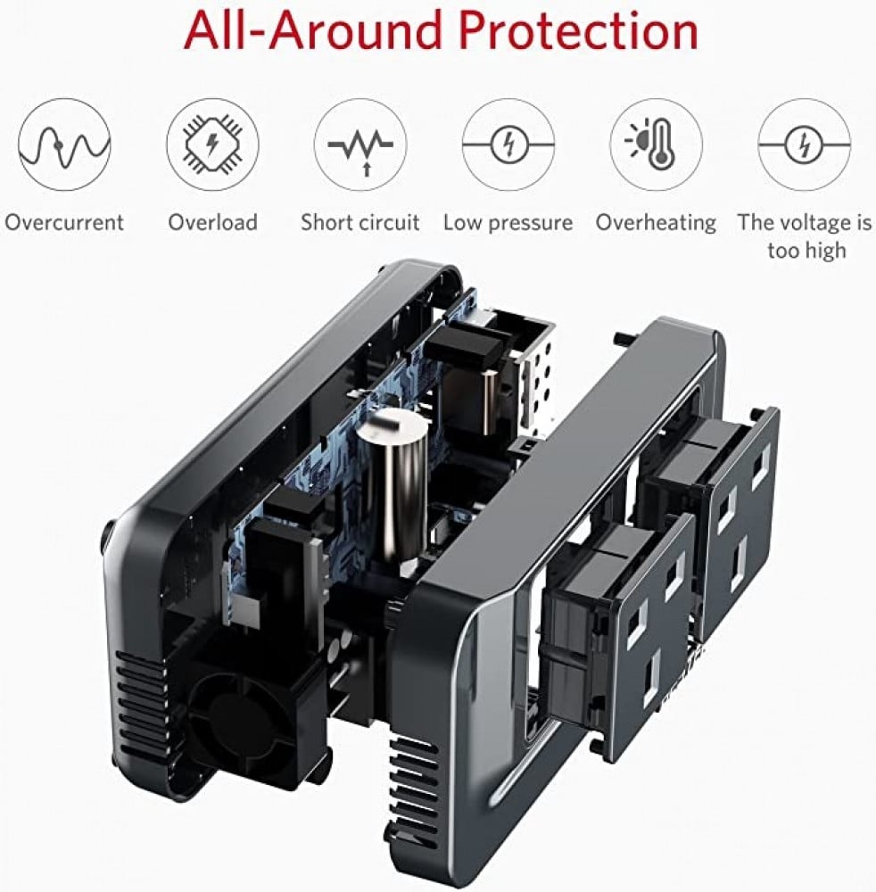 محول طاقة بوحدة تيار 200 واط، محول شاحن سيارة بتيار مستمر 12 فولت الى 220 فولت تيار متردد، مع 2 مقبس بملائمة عالمية و4 منافذ USB، شاشة متغيرة LCD، من لوفنوف