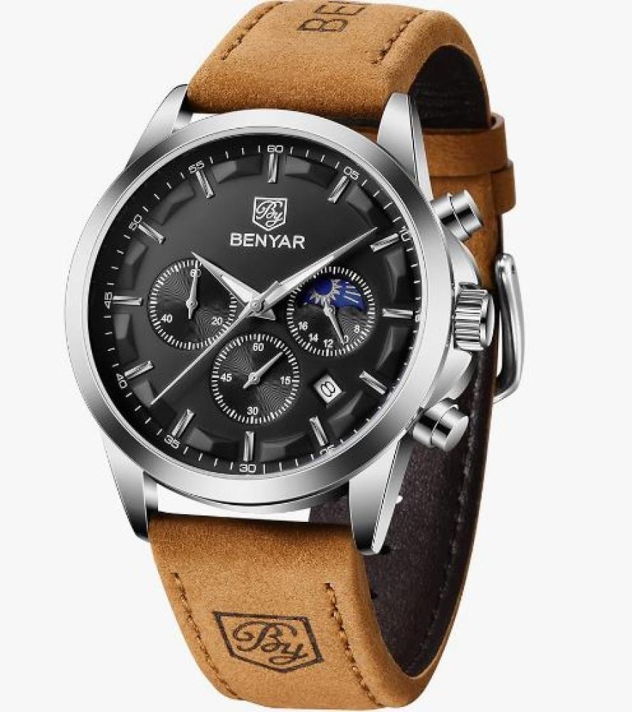 ساعة يد كرونوغراف رياضية مقاومة للماء للرجال من بينيار عسكرية متعددة الوظائف فاخرة عصرية كوارتز كلاسيك هدايا بني وأسود