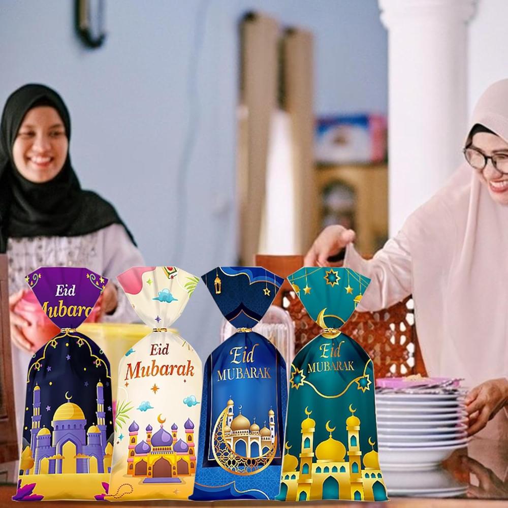 اكياس هدايا رمضان والعيد من كيكسوزيني، 50 قطعة، اكياس هدايا عيد مبارك، ديكورات رمضان كريم عيد مبارك للمنزل وهدايا رمضان والعيد، اكياس حلوى السيلوفان لمستلزمات الحفلات الاسلامية