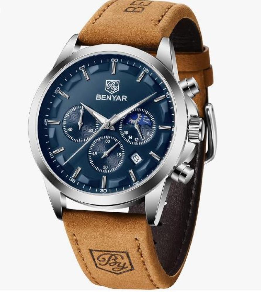 ساعة يد كرونوغراف رياضية مقاومة للماء للرجال من بينيار عسكرية متعددة الوظائف فاخرة عصرية كوارتز كلاسيك هدايا بنيازرق