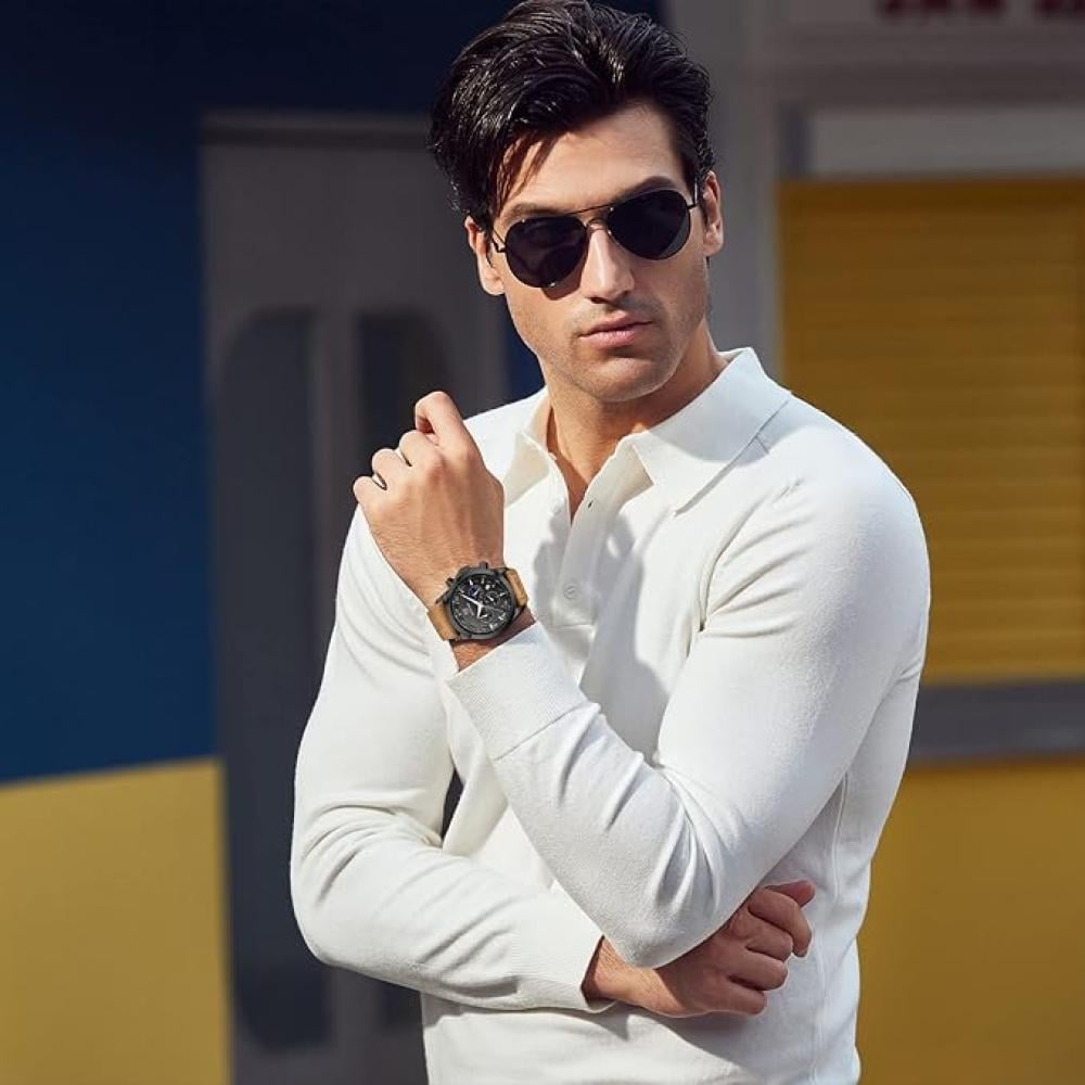 ساعة يد كرونوغراف رياضية مقاومة للماء للرجال من بينيار عسكرية متعددة الوظائف فاخرة عصرية كوارتز كلاسيك هدايا بني اسود