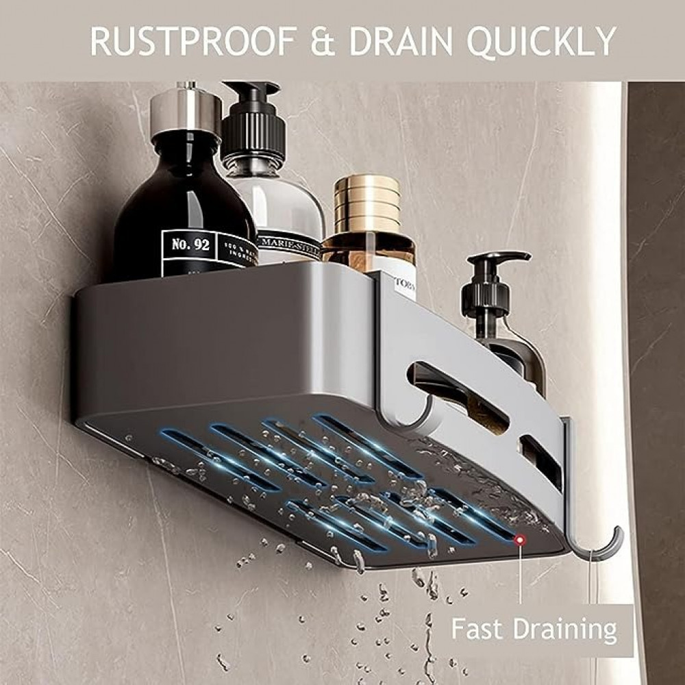 رف دش للحمام من اتش اس كيو ام ايه، منظم دش بدون ثقب لاصق مع قضيب تعليق، ارفف دش للحمام وغرفة المعيشة والمطبخ والمرحاض