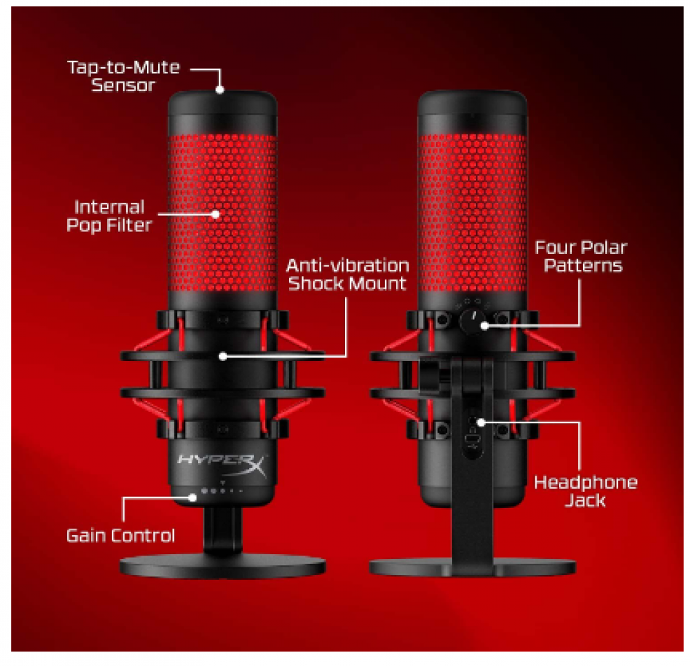 ميكروفون مكثف للقيمنق هايبر اكس كواد كاست للكمبيوتر وجهاز PlayStation 4 وماك ومقاوم للاهتزاز ومضاد للصدمات، اربع انماط ومزود بفلتر منبث، مثالي للبث ولتطبيق...