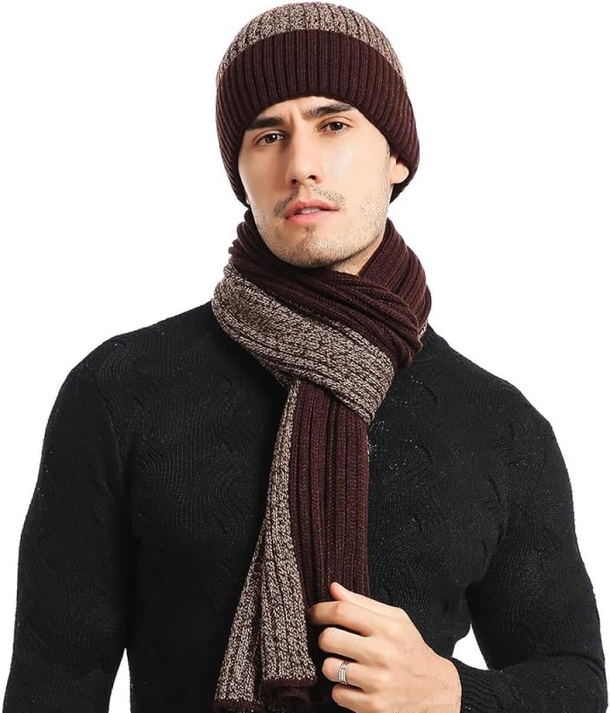 طقم قبعة بيني شتوية منسوجة مع وشاح طويل وقفازات للرجال والنساء بتصميم مبطن بالصوف، بني، مقاس واحد