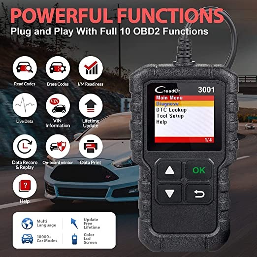 جهاز كشف اعطال السيارات لونش OBD2 موديل كريدر 3001 بنظام او بي دي 2 لفحص الأعطال المسببة لانارة لمبة فحص المحرك وحساس الاكسجين، منذ 1996