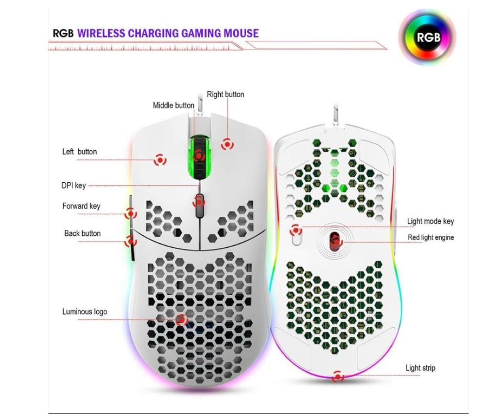ماوس يو اس بي لالعاب الفيديو، سلكي مريح بتصميم خلية نحل مجوف مع إضاءة خلفية، دقة تصل إلى 6400 نقطة في الانش، الفيديو باضاءة ار جي لاجهزة ماك واللابتوب والكمبيوتر (ابيض)