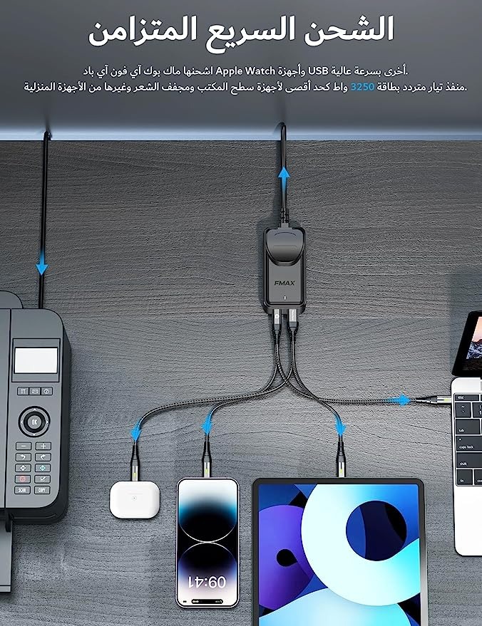 شاحن سفر USB C، محطة شحن سريع جان III 65 واط مع كيبل من النوع C بطول 6 قدم، شاحن سطح المكتب 5 في 1 مع مقبس تيار متردد واحد (3250 واط كحد أقصى) + 4 منافذ USB متوافق مع لابتوب ستيم ديك وماك بوك وايباد