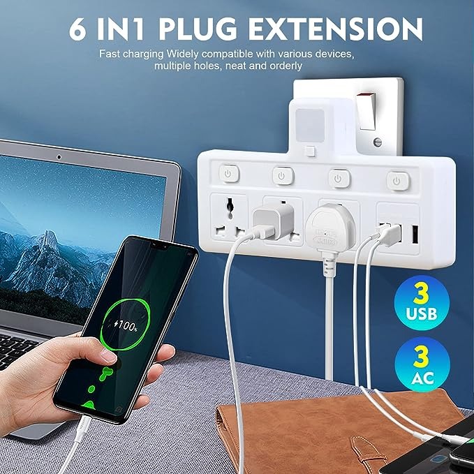 مقبس تمديد كهربائي 3 مخارج و3 USB مع ضوء ليلي
