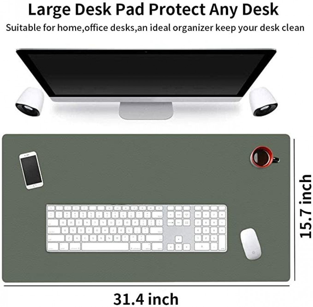 قاعدة ماوس مقاس L 80 × 40 سم، مفرش مكتب مزدوج الوجه مصنوع من الجلد الصناعي وقاعدة ماوس مقاس XXL للابتوب وكمبيوتر الالعاب والعمل للمكتب والمنزل (لون اخضر داكن ورمادي)