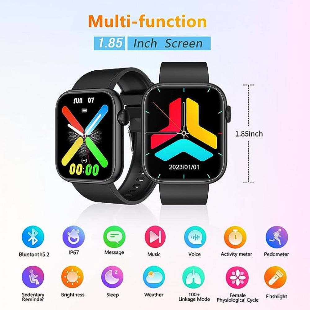 اي بي صن ساعة ذكية (استقبال واتصال)، شاشة TFT HD 1.85 انش مقاومة للماء بتصنيف IP67 لمعدل نبضات القلب ومراقبة الاكسجين في الدم، ومراقب النوم والسعرات الحرارية، ساعة ايقاف، عداد خطوات للنساء والرجال