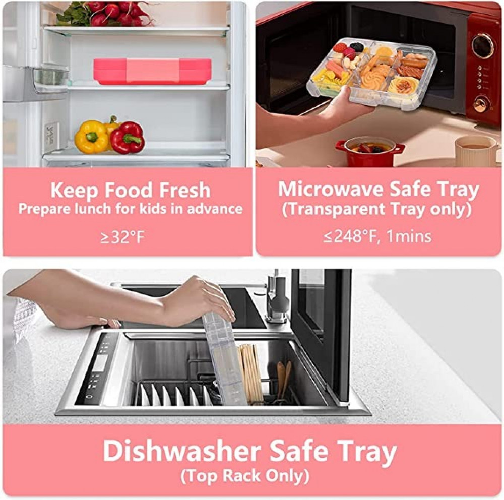 علبة طعام مقسمة 4/6 حجرات، حجم مثالي ومقاومة للتسرب، صديقة للاطفال وخالية من BPA، امنة للاستخدام في غسالة الصحون، مناسبة للاطفال من سن 3 الى 7 سنوات (لون بينك)